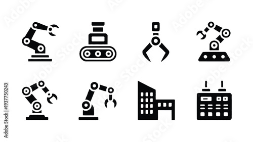 Industrial robots and factory icons in black on white background