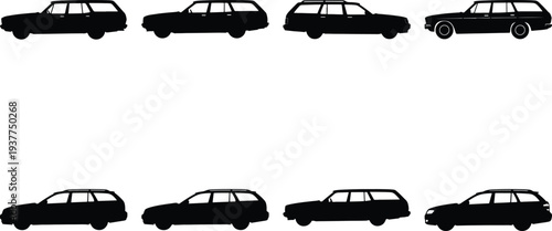 Collection of diverse station wagon silhouettes, showcasing various models and angles for automotive design and transportation concepts.