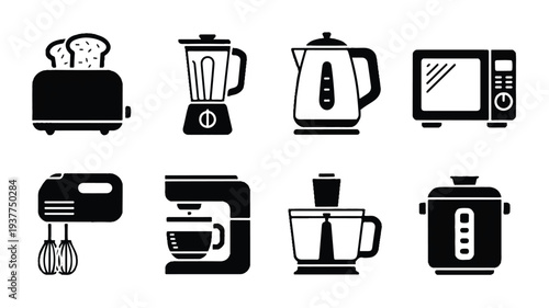 Kitchen appliances icons including toaster blender kettle microwave mixer coffee maker