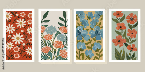 Four framed botanical prints displaying diverse floral arrangements and color palettes