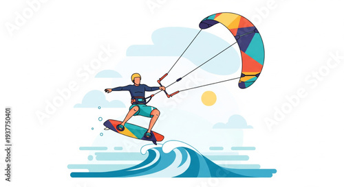 Man kite surfing on a wave with a colorful kite in the air