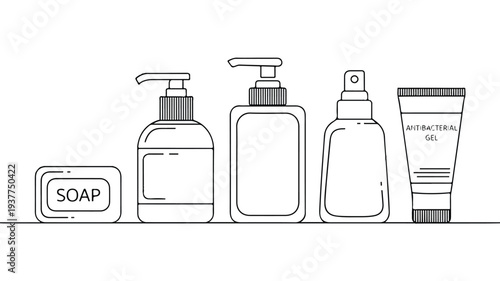 line drawing of various toiletries on a shelf