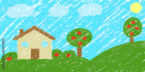 A child s crayon drawing depicts a house apple trees and a bright sky