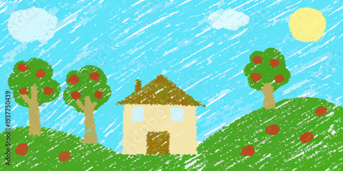 A colorful childlike drawing depicts a house trees and a sunny sky