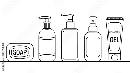 line drawing of various toiletries on a shelf