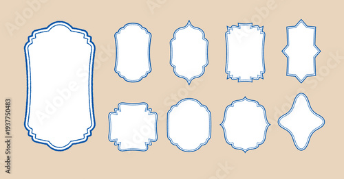大正レトロ風の装飾フレームセット　和風モダンと中華デザインのラベル枠ベクター青