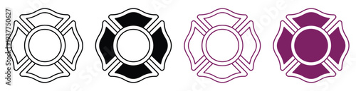 Firefighter, emblem vector icon set with Maltese cross, St. Florian symbol, fire department badge design, rescue and emergency services concept, clean modern flat vector illustration for public safety