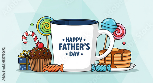 Father's Day celebration illustration with mug, pancakes, and candies on a pastel background from a top viewpoint