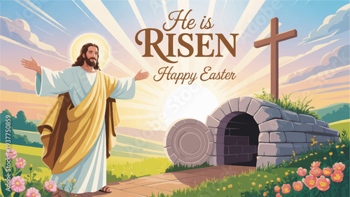 Jesus christ emerging from empty tomb with cross on easter morning sunrise background