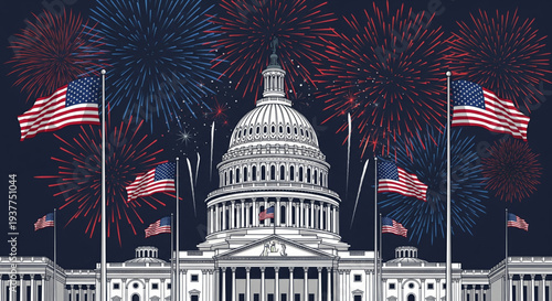 The United States Capitol building with fireworks and flags displayed prominently at dusk from a frontal viewpoint