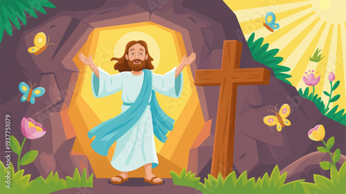 Jesus christ emerging from tomb with cross symbolizing resurrection and new life surrounded by butterflies and flowers in a vibrant colorful scene