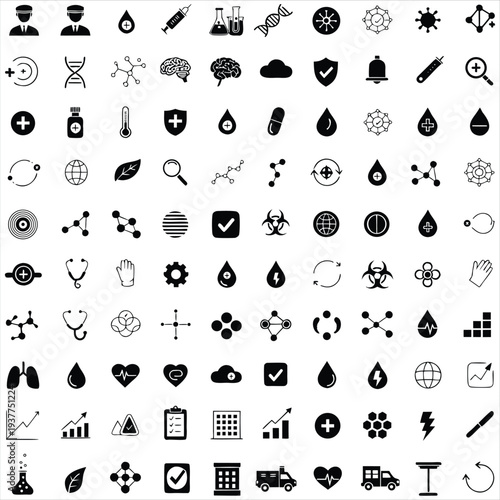 Extensive array of medical, science, and health-related monoline icons for various applications.