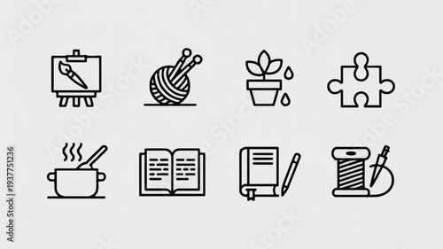 line icons of various hobbies and activities