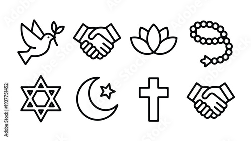 line icons of various religious symbols and signs of peace and friendship