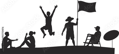 Beach people silhouettes scene with relaxing couple, jumping person, lifeguard with flag and man resting under umbrella summer vacation vector illustration