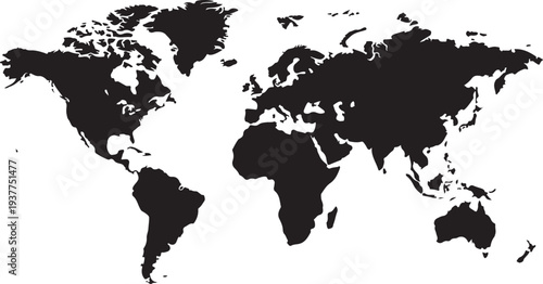 Abstract black silhouette of a world map on a clean white background, highlighting all major continents for global themes, international business, and geographical concepts