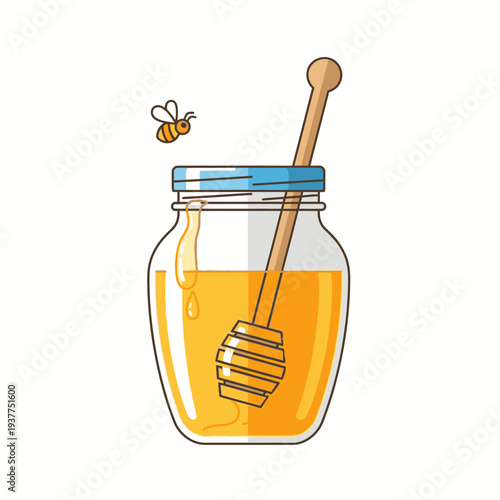 Jar of honey with bee and dipper vector illustration on white background
