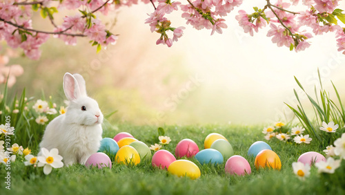 Easter celebration with a rabbit and colorful eggs in a garden during springtime