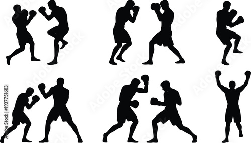 Boxing fighters silhouettes set, boxer combat poses collection, men boxing training and fight actions isolated on white background vector illustration