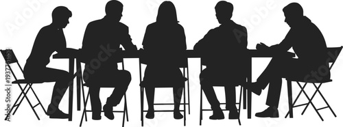 Business meeting people silhouettes, team discussion around table collaboration brainstorming session isolated on white background vector illustration