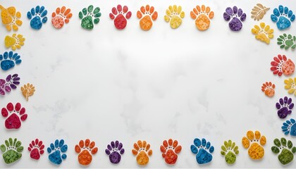 Colorful Animal Footprint Ornament Border Isolated on White Background, Cute Paw Print Decorative Frame Design
