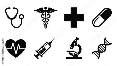 Medical symbols and icons for healthcare and medicine in black and white