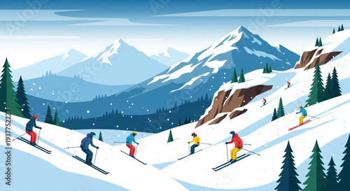 Skiers descending a snowy mountain slope with trees and mountains in the background, viewed from a high vantage point