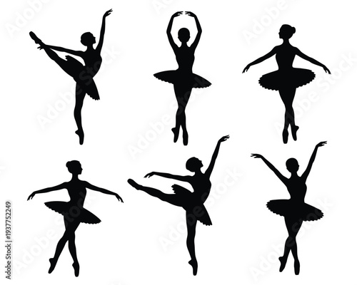 Ballet Dancer Silhouette Vector Set – Graceful Ballerina Poses, Classical Dance Performance, Elegant Movement, Isolated on White Background