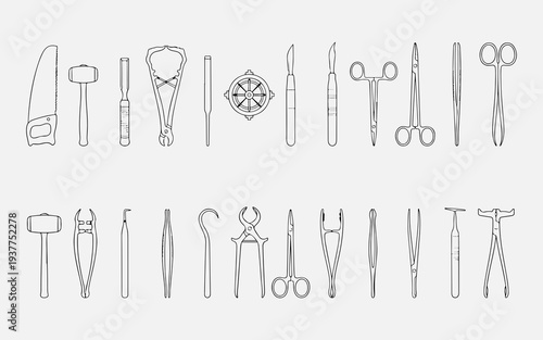 Precision in Line: A detailed, artistic illustration of an array of surgical tools, meticulously outlined to highlight their essential forms and functions. This visual offers a clinical, precise.