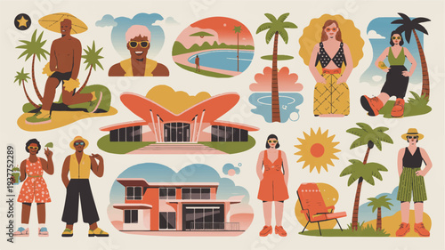 Vibrant tropical summer vacation collage with people palm trees and beach scenes in colorful retro style