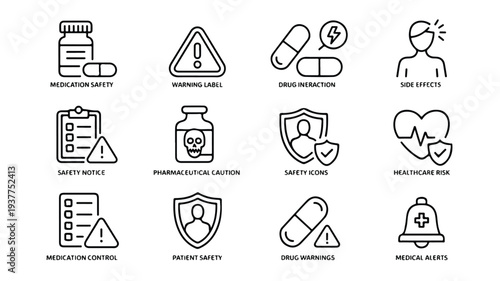 Medication safety and healthcare warning icons on white background