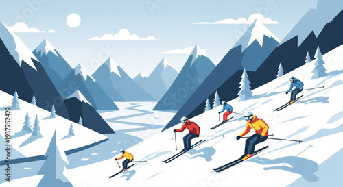 Skiers descend mountain slope with trees and snowy peaks in background landscape