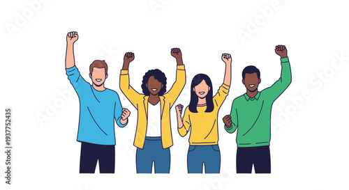 Diverse group celebrating success with fists raised in vector illustration