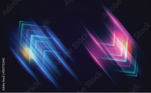 Futuristic color laser arrow shoots a gradient beam in pink, magenta, and teal, glowing with kinetic energy. 3D render illustration