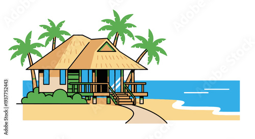 Beachfront bungalow illustration with palm trees and sandy path on white background