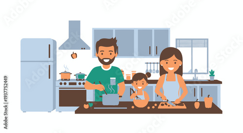 Family cooking together in kitchen illustration for culinary or lifestyle content