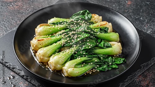 Fresh steamed bok choy with sesame seeds on black dish