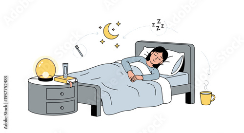 Woman sleeping in bed with bedside table illustration nighttime concept