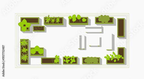 Overhead view of a rectangular garden design with green plants and brown planters