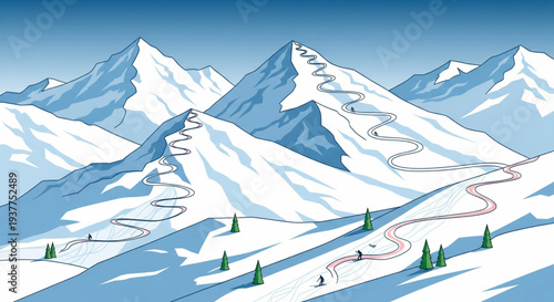 Skiers descend snowy mountain peaks with winding trails and trees in winter landscape