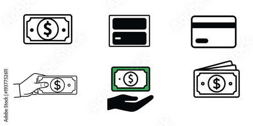 Financial icons including money credit card and cash transaction symbols