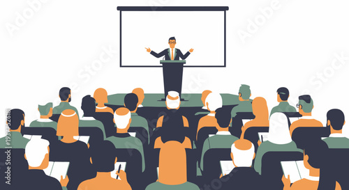 Presenter addressing audience at conference with screen in the background