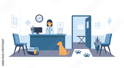 Veterinarian office interior with dog and pet carrier vector illustration