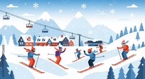 Skiers glide down snowy mountain slope with trees and skiers