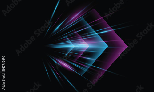 Futuristic color laser arrow shoots a gradient beam in pink, magenta, and teal, glowing with kinetic energy. 3D render illustration