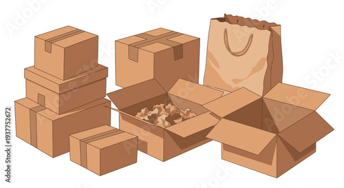 Cardboard boxes and paper bag illustration for packaging and shipping