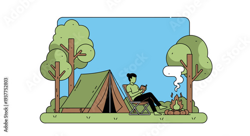 Camping scene illustration with tent person reading campfire and trees