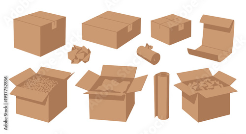 Cardboard boxes and packaging elements vector illustration for logistics