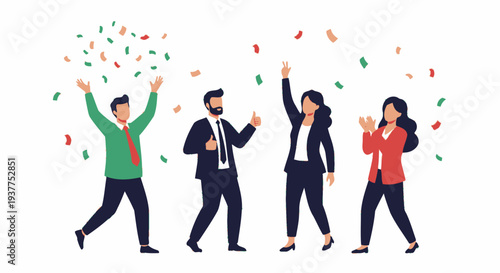 Joyful group celebrating victory with confetti illustration on white