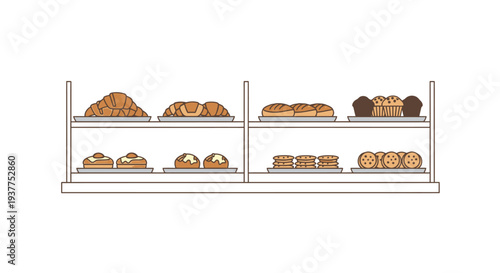 Bakery display with various pastries and baked goods on shelves vector illustration